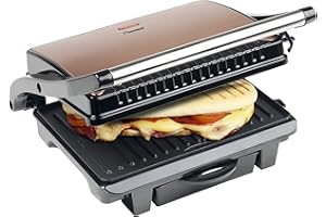 Bestron elektrischer Kontaktgrill mit Auffangschale, Sandwichmaker mit Cool-Touch-Handgriff & Antihaftbeschichtung, Paninimaker mit 1000 Watt, ASW113CO, Farbe: Kupfer, Ø 28,5 cm