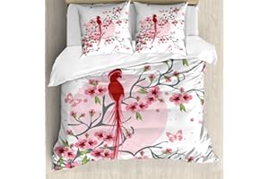 ABAKUHAUS Giapponese Set Copripiumino, Mitico Phoenix Bird, 3 Pezzi con 2 Federe Cuscini, 200 x 200 cm - 80 x 80 cm, Rosa