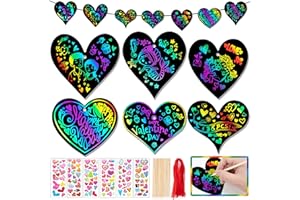 GOMANCHE 36 Pcs Valentine's Day Scratch Art Paper, DIY Magic Rainbow Scratch Art for Kids with 3D Stickers, Valentine's Day Ornaments for Party Favor Holiday Decor