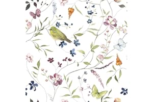 CHDITB Colourful Flower Wallpaper, Self-Adhesive Wallpaper Birds, Leaves Plants Wall Sticker (44 x 300 cm) Boho Flower Living Room Wallpaper, Furniture Film, Flowers Plants, Adhesive Film, Bedroom