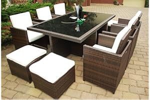 Ragnarök-Möbeldesign DEUTSCHE Marke - EIGNENE Produktion - 8 Jahre GARANTIE Garten Möbel Glas Polster PolyRattan Set Gartenmöbel Tisch Stuhl Hocker BRAUN