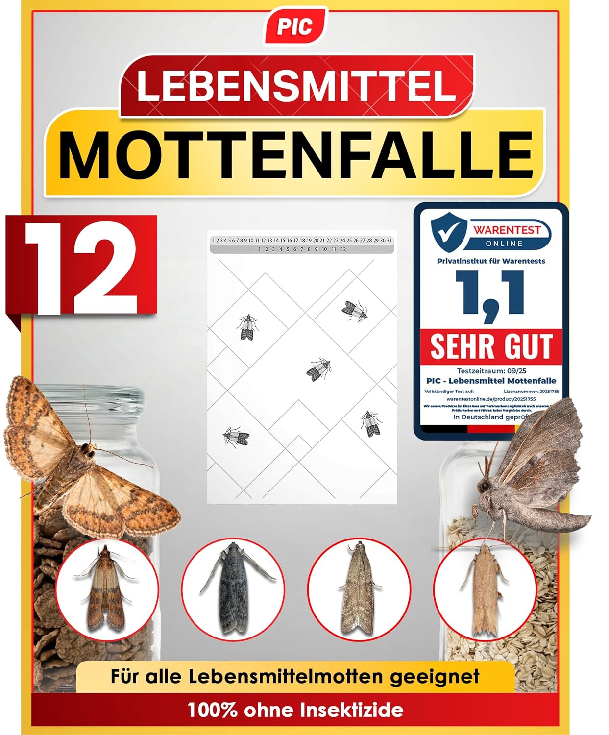PIC Lebensmittelmotten Falle, 12 Stück Starke Pheromonfallen gegen Motten | Geruchlos und insektizidfrei, bis zu 8 Wochen wirksam gegen Dörrobst- und Mehlmotten, ideal für Küche und Speisekammer