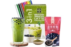 Matcha Bubble Tea Kit (7 servings) with Ranong Thai Tea Mix Matcha Green Tea Latte Instant Mix 161g and Wu Fu Yuan Black Tapioca Pearls 250g Including Mint Retail Boba Tea Straws