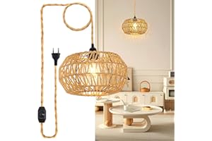 Dorlink Lampadario Camera da Letto Rattan, E27 Lampadario Soggiorno con Interruttore Dimmer, Lampadario a Sospensione Gabbia, Lampadario Cucina Rattan, Lampadari con Corda Regolabile (Senza Bulbo)