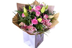 MORNING FLOWERS Pretty Pink Rose and Lily Fresh Flower Bouquet Gift Bag – Handcrafted Autumn Floral Arrangement for Birthday, Anniversary, Get Well, Thank You, Festive Occasions Delivery