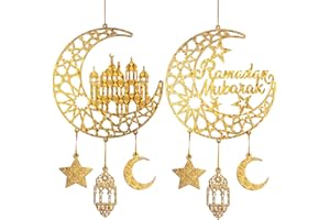 COCHIE 2 Pieces Ramadan Decoration Wood Islamic Moon Hollow Star Front Door Wall Signs, Muslim Sign Eid Mubarak Kareem Ornaments Hanging Crafts for Home Party Supply