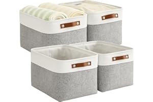 Bagnizer Foldable Storage Baskets for Shelves Closet 4PCS Fabric Small Organizer Box Bins with Handles Waterproof Canvas Box for Clothes, Pet Toys, Office Products 30x20x15CM Grey & White