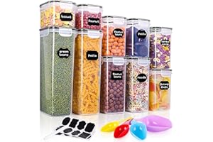 NEFLSI Botes Cocina Almacenaje 10 Piezas Recipientes para Alimentos de Plástico Hermeticos Contenedores para Cereales,Pasta,Arroz,Harina,Granos(2,8L, 2L,1,6L,1,4L,0,8L)