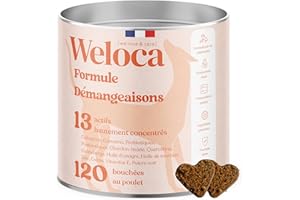 WELOCA Anti-Démangeaisons Chien | 120 compléments Premium | 13 Actifs hautement dosés (probiotiques, oméga 3, Colostrum, Chardon-Marie, Zinc, cuivre) | Irritations cutanées, Allergies | Formule vétérinaire