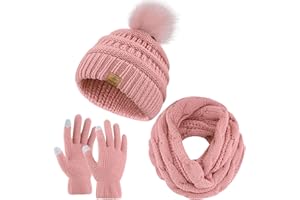 URATOT Winter Warme Stricksets Beanie Pompon Mütze Schals Winter Touchscreen Handschuhe Schal Set für Männer Frauen