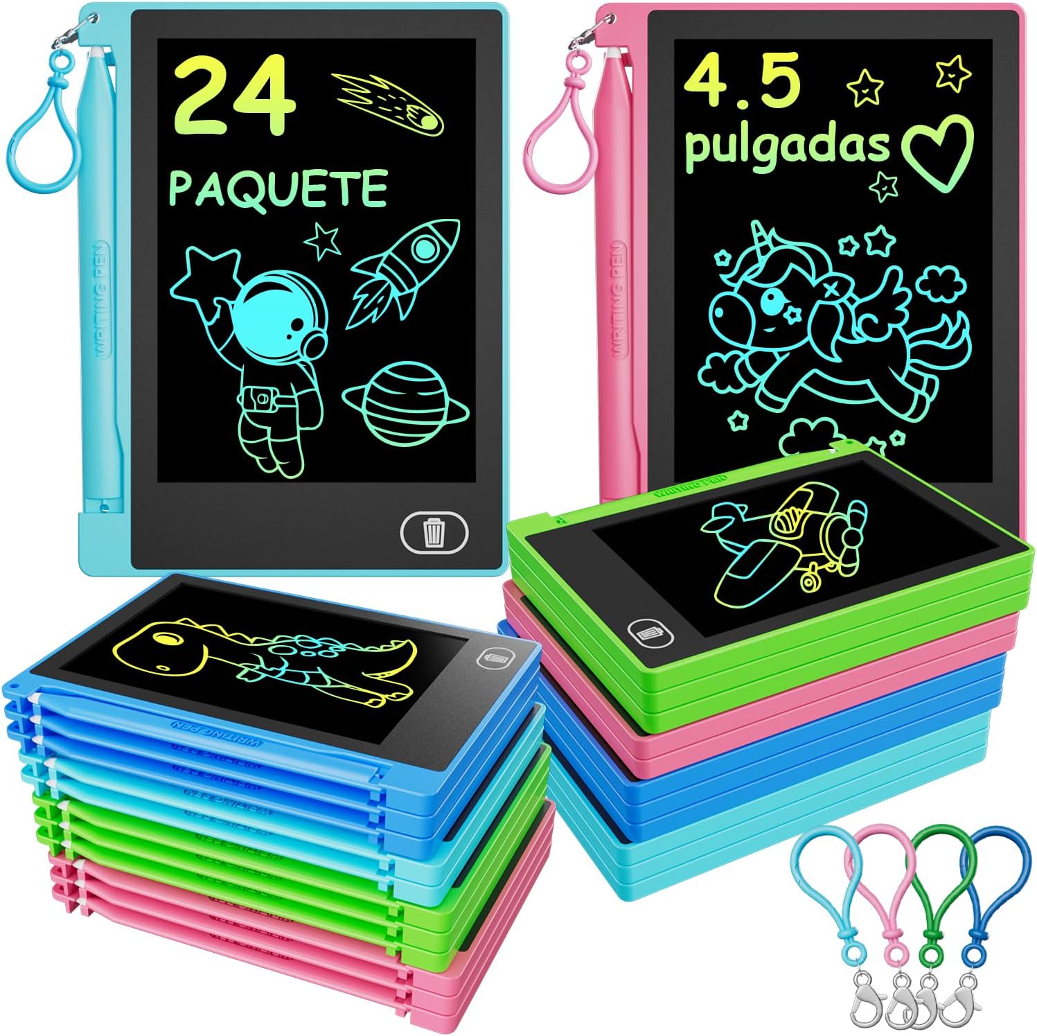 24 Piezas Tableta Escritura LCD, Electight 4.5 Pulgadas Infantil Tableta de Graffiti de Colores para Niños 3~12 Años, Colorida Pizarra Tableta Electrónica con Gancho, Juguete para Vuelta Cole