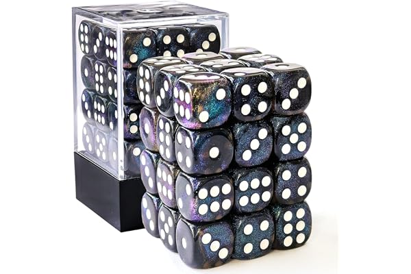BESCON DICE Moonstone 36-sidig tärning, 91 cm månsten, halvgenomskinlig svart D6-tärning med blå paljetter, 12 mm sexsidig matris (36)