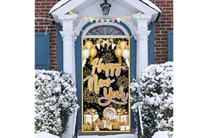 WEDNOK Happy New Year Door Cover Black Gold New Year Eve Party Decoration 2024 nye Party Background Banner Porch Sign for Front Door Outdoor Photo Booth Prop Backdrop Decor