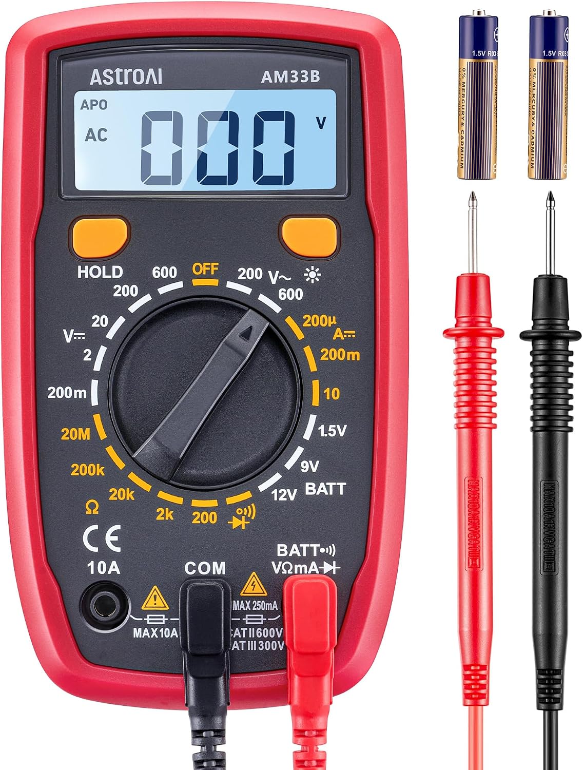 AstroAI Multímetro Digital, Polímetro Profesional, Voltímetro, Tester Electricista, Multimeter para Corriente CC, Voltaje CA/CC, Resistencia, Continuidad y Diodos de Prueba, Negro