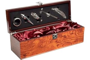 ‎BRUBAKER BRUBAKER 6-in-1 Barzubehör Kit mit Weinkiste - Edelholz Optik - Sommelier Dekantier Set aus Edelstahl mit Ausgießer + Flaschenstopfen + Weinthermometer + Tropfring für Wein Geschenkset