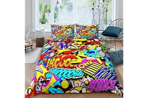 LOUSSIESD Set di copripiumino con graffiti per bambini ragazzi ragazze giovani hip hop tribù street culture hippie tema colorato copripiumino morbido microfibra decorazione 2 pezzi biancheria da letto con 1