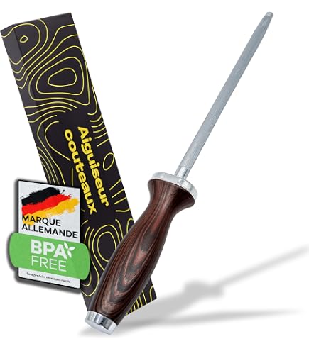 ECENCE Fusil à Aiguiser, Aiguiseur à Couteaux Professionnel en acier inoxydable (65HRC) de cuisine, tige d'aiguisage avec poignée en bois, 39cm ECENCE Fusil à Aiguiser, Aiguiseur à Couteaux Professionnel en acier inoxydable (65HRC) de cuisine, tige d'aiguisage avec poignée en bois, 39cm