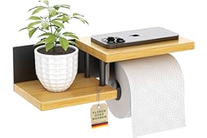 ‎ELBFUCHS ElbFuchs® Toilettenpapierhalter Holz Bambus [KLEBEN oder Bohren] | hochwertiger Klopapierhalter ohne Bohren mit Ablage | schwarz | Klorollenhalter | WC Rollenhalter