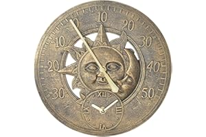 QJIRZB Termómetro de jardín analógico de pared bronce sol y luna reloj de 30 cm con estilo vintage, resistente a la intemperie, funciona con pilas, estación meteorológica para jardín interior o