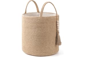 Mkono, Cesta de almacenamiento decorativa tejida con cuerda natural, con asas y decorada con cuentas de madera para mantas, juguetes, ropa, zapatos, plantas, sala de estar, decoración de hogar
