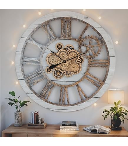 Dorboker Wandklok, originele bewegende tandwielen, groot, industrieel, voor woonkamer, oversized, hout, vintage, boerderij, steampunk, rustiek, wanddecoratie, kersenrood, 90 cm
