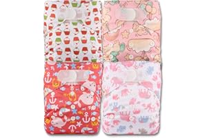 Littles & Bloomz, Reusable Pocket Cloth Nappy, Fastener: Hook-Loop, Set of 4, Patterns 402, with 4 Bamboo Inserts