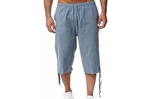 Minetom Homme Été Pantalon en Lin Lâche Capri Shorts Bermudas 3/4 Pantacourt Baggy Cargo Pants Large Cordon de Serrage