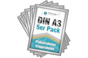 DisplayLager - 5 Pezzi A3 Cornice a Scatto da 25 mm, Profilo in Alluminio Argento Disco di Protezione antiriflesso e Materiale di Fissaggio