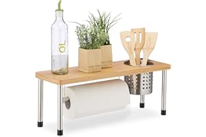 Relaxdays Kitchen Counter Organizer, Roll Holder & Utensil Storage, Spice Rack, Sink Shelf, Bamboo, Natural/Silver