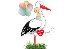 GLÜCKSGUT® Klapperstorch Baby Blau, 100 cm | 5-teiliges Set | Geburtsstorch inkl. Holzstab + Namensschild + Grußkarte + Stift | Storch Geburt für Draussen & Drinnen | Geburtsgeschenk