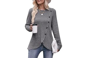 Jabeiyou Haut Femme Col Rond Automne Hiver Chic et Elegant Chaud Brossé Manche Longue Pull Casual Long Chemise Bouton Décoratif Tee Shirt Basique Top Taille S-XXL