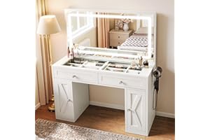 YITAHOME Dressing Table with LED Mirror, Makeup Desk with Adjustable 3-Colour Lighting, Safety Glass Top & Built-in Plug Socket, White Vanity Table for Bedroom, 115 x 40 x 134cm