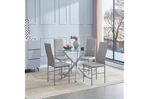 paonne Round Glass Dining Table Set 5 Pieces Dining Table Chair Set for Home Kitchen Round Tripod Chrome Legs Table with 4 PU Chairs, Contemporary Dining Room Set (05 Table with 8514)