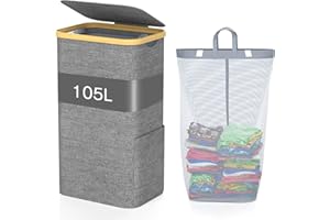 GLOWPOINT 105L Laundry Basket with Lid, Large Foldable Washing Basket with Removable Inner Bag, Water-resistant Oxford Laundry Hamper, Laundry Bin for Bedroom, Bathroom, Laundry Room,Grey
