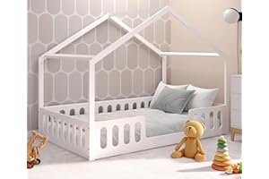 CADANI Janne 2in1 Hausbett 200x120 cm Weiß, Flexibler Rausfallschutz abnehmbar, Kinderbett Umbaubar, Montessori Design, Holzbett mit Lattenrost