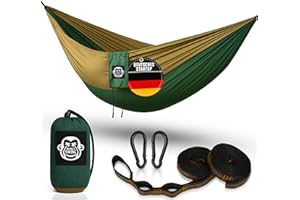 Monkey Swing Hängematte Ultraleicht inkl. Karabiner & Schwerlastgurten (bis 300 kg belastbar, 275 x 140 cm) – ideal für Camping, Outdoor, Trekking & als Reisehängematte (Grün/Khaki)
