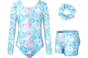 Surgoal Gymnastics Leotards for Girls with Short Long Sleeve Sparkle Ballet Dance Unitard Gymnastics Athletic Outfit 3Pcs for Kids 5-6 Years