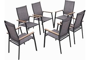 ‎MFSTUDIO MFSTUDIO Gartenstuhl 6er Set Aluminium, Textilene Balkon Stühle Stapelbar mit Holz Armlehne, Outdoor Sessel für Terrasse, Balkon, Veranda, Wetterfest