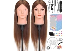 Testa da allenamento, testa da parrucchiere Yofuly da 26 pollici 80% veri capelli umani, testa di manichino cosmetologico con morsetto da tavolo e set di trecce per capelli fai-da-te (Marrone chiaro)