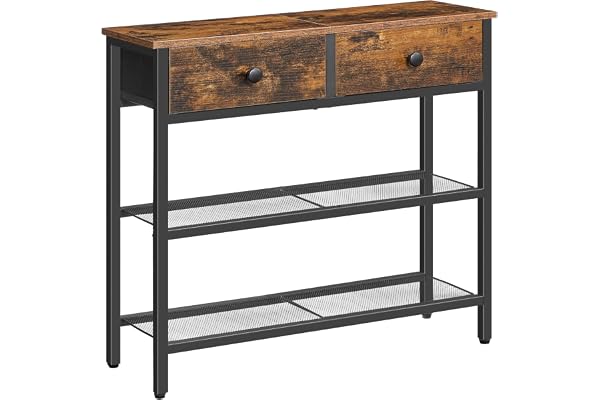 HOOBRO 75 cm smalt konsolbord med 2 tyglådor, litet entrébord med 3-nivåers förvaringshyllor, tunt soffbord, sidobord, för vardagsrum, hall, rustik brun och svart BF72XG01