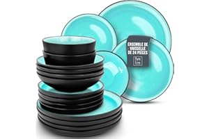 PURE LIVING INTERIOR DESIGN Service de Vaisselle en Grès Ibiza 24 pièces: Service de Table pour 6 Personnes, Adapté au Lave-Vaisselle et au Micro-Ondes, Pure Living aigue-marine, Assiettes Service de Table, Vaisselle