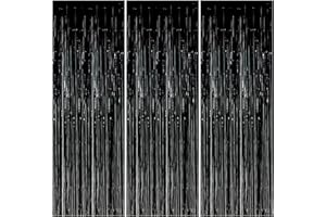 CATIME 3 Pezzi Tende Metalliche Tinsel, 1 x 2 M Tenda in Lamina di Alluminio, Foil Tenda a Frange, Lamina Frangia Orpello Tende, Tende Frangia Sullo Sfondo per Festa Finestre Porta Decorazioni (Nero)