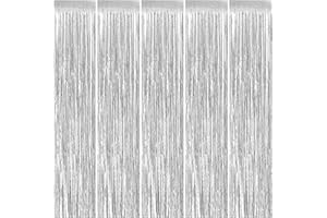 MerryNine 5 Pack Metallic Foil Fringe Curtains, 3 ft x 10 ft DIY Tassel Garland Banner for Wedding, Baby Shower, Event & Party Supplies Decoration (Silver)