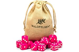6, 12, 20, 30 oder 50 hochqualitative Würfel von Waldfelsen® Standardgröße 16 mm Acrylwürfel Knobel Spielwürfel Dice 6-seitig sechsseitig Spielzubehör Set mit Stoffbeutel (Pink, 12 Stück)