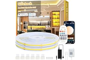 Gliztech 20M Tira Led Cob Blanca Compatible con Alexa, 3000k a 6500k Led Cob Dimmer, Tiras Led de Interior Ultra Brillante, Luz Led Adhesiva para Habitacion Cocina con Control Remoto y Aplicación