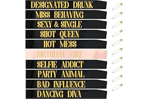 TEUVO Birthday Sashes for Girls, 10 Pieces Birthday Women Sash Set with 9pcs Black Satin Sashes + 1pcs Pink Birthday Girl Sash for Birthday Parties, Decorations, Favors