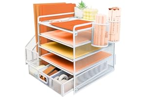 PLSOPPKG Corbeille à courrier à 5 niveaux avec porte-fichiers, organiseur de fichiers de bureau en maille métallique avec tiroir et porte-stylo, porte-revues multifonction pour bureau, blanc