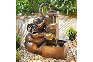 Coopers of Stortford - Solar Water Feature Elephant with Raised Trunk - Cascading Tiered Pots with Pump and Warm White LED Lights - Outdoor Garden Fountain