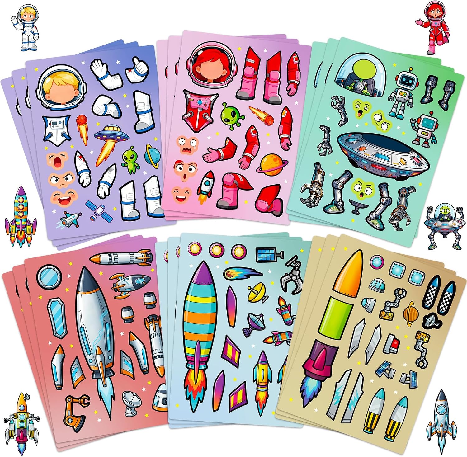 24 Sheets Make Your Own Stickers, Space Make-a-face Sticker Aliens, Astronauts, Spaceship DIY Craft Stickers for Party Decoration Reward