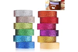 Rumgug 12 Rotoli Nastro Adesivo Carta Colorato, Nastri Adesivi Colorati Washi Tape con Glitter, Decorativo Painting Tape Glitterato Nastro Carta Imbianchino per DIY Diario Artigianato Scrapbooking